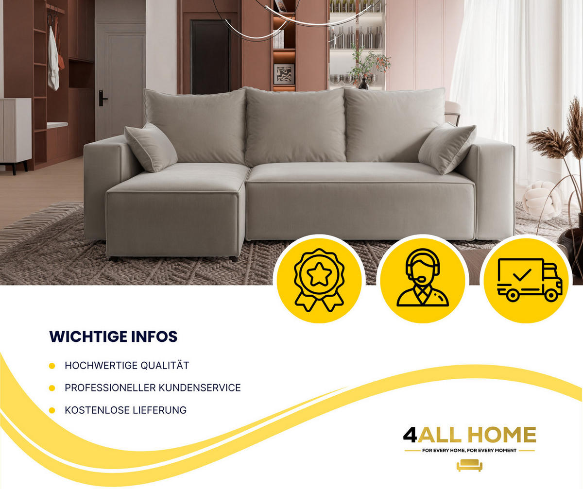 ECKSOFA Tobi mit Bettkasten und Schlaffunktion, L-Form, Velourstoff, Universal - Cappuccino, Holzwerkstoff (246/145cm) - 4ALL HOME