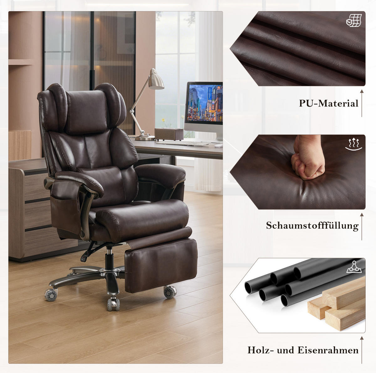 BÜROSTUHL mit Massage- und Heizfunktion PU-Leder Brown - Braun, Kunststoff (76.5/121.5/85.5cm) - Meubliv
