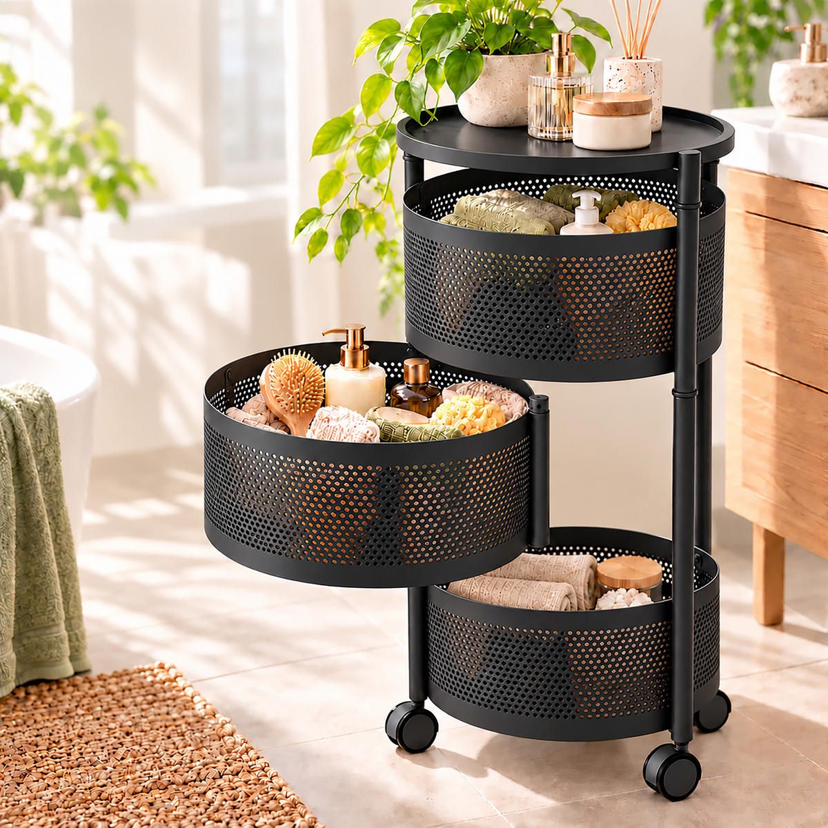 ROLLWAGEN Schwarz 3 Ablagen - Schwarz, Kunststoff/Metall (32/60/32cm) - Relaxdays