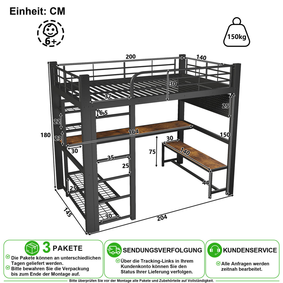 HOCHBETT 140/200 cm in Schwarz mit Schreibtisch, Ablagen, Kleiderstange und LED - Schwarz, Holzwerkstoff/Metall (140/200cm) - CHICFURN