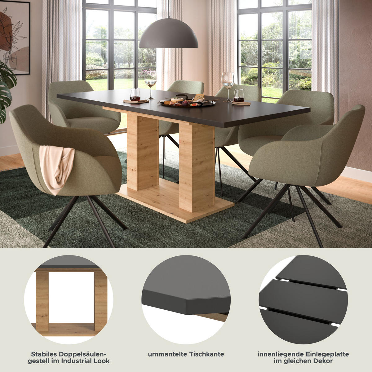 ESSTISCH MOTION (B/H/T: ca. 150/76/90 cm) in Artisan Oak Nachbildung/grau - Eiche Artisan, Holzwerkstoff (90/150/76cm)