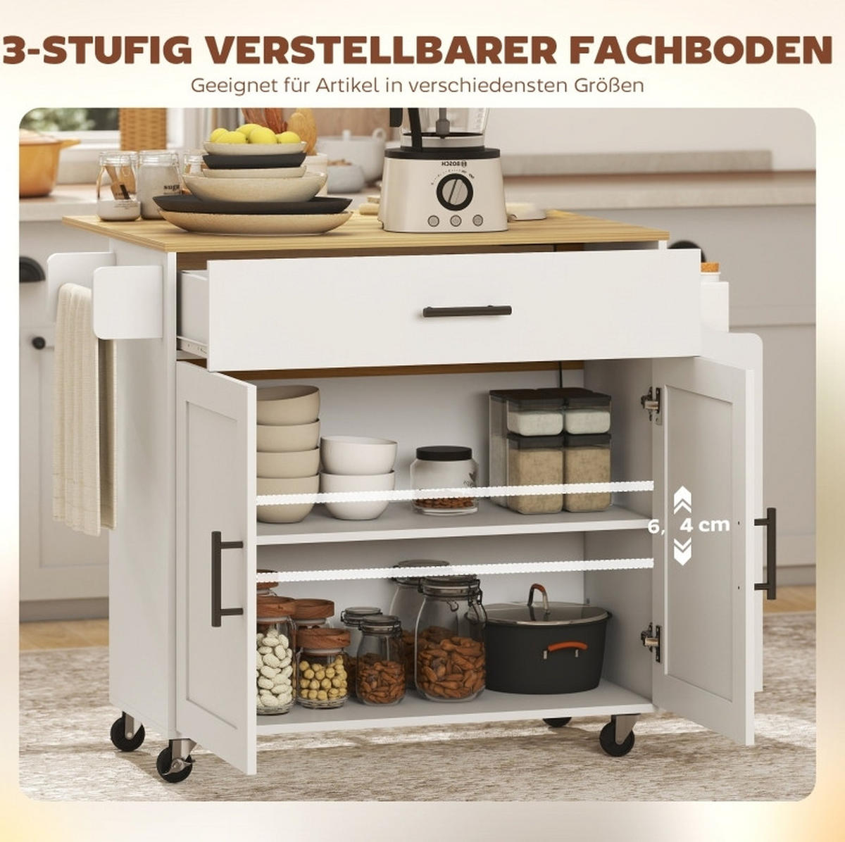 KÜCHENINSEL faltbar 120x68x85cm Weiß mit erweiterbarer Platte & Schublad - Weiß, Holz (120/85/68cm) - Modfu