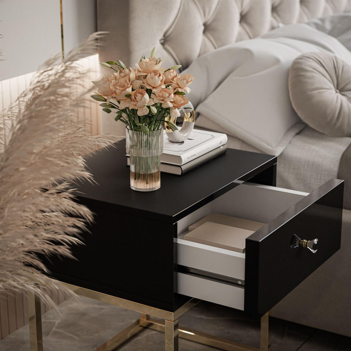 NACHTTISCH BLANCO GOLD Schwarz auf goldenem verchromtem Gestell Kristallgriff - Schwarz Hochglanz, Holzwerkstoff (45/52/36.6cm) - Lookway