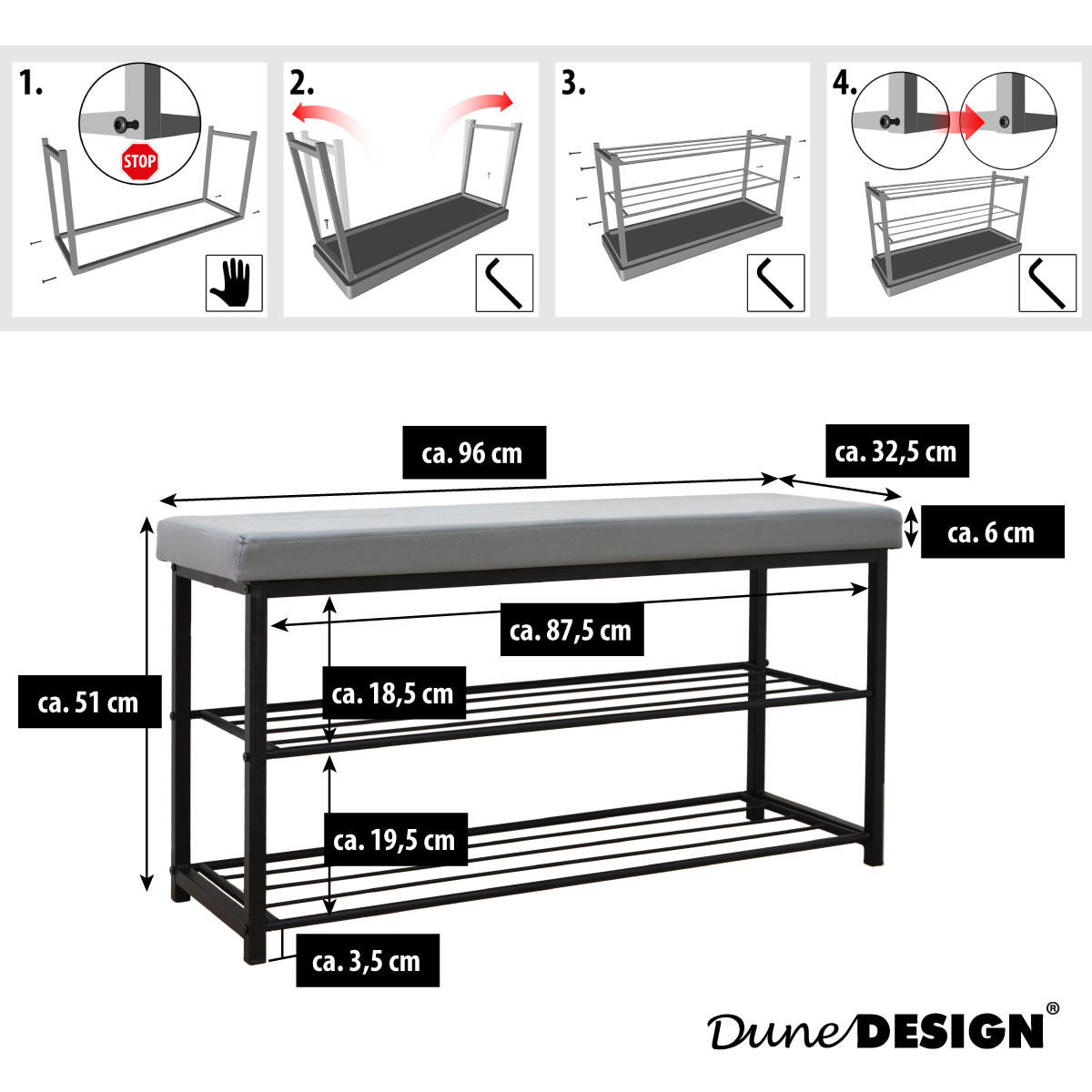 SITZBANK-SCHUHREGAL 96/32,5/51 cm, Grau - Grau, Kunststoff (32.5/51/96cm) - Dunedesign