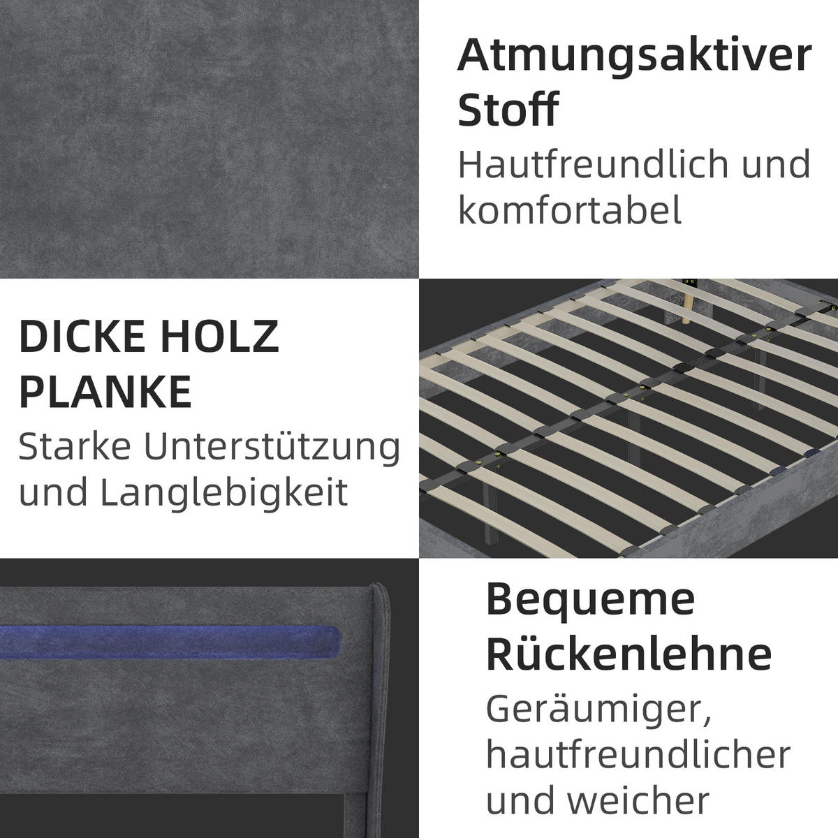 POLSTERBETT 140x200 cm LED ohne Stauraum grau - Grau, Textil (140/200cm) - LEBENLANG
