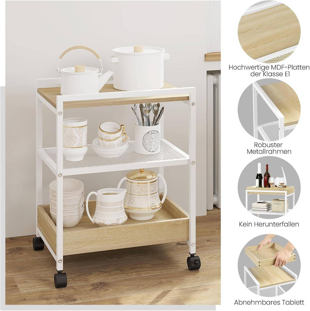 BEISTELLTISCH, mit Rollen, 3 Ablagen 1 abnehmbares Tablett - Hellbraun/Schwarz, Holzwerkstoff/Metall (28.5/41.5/51.5cm) - Woltu