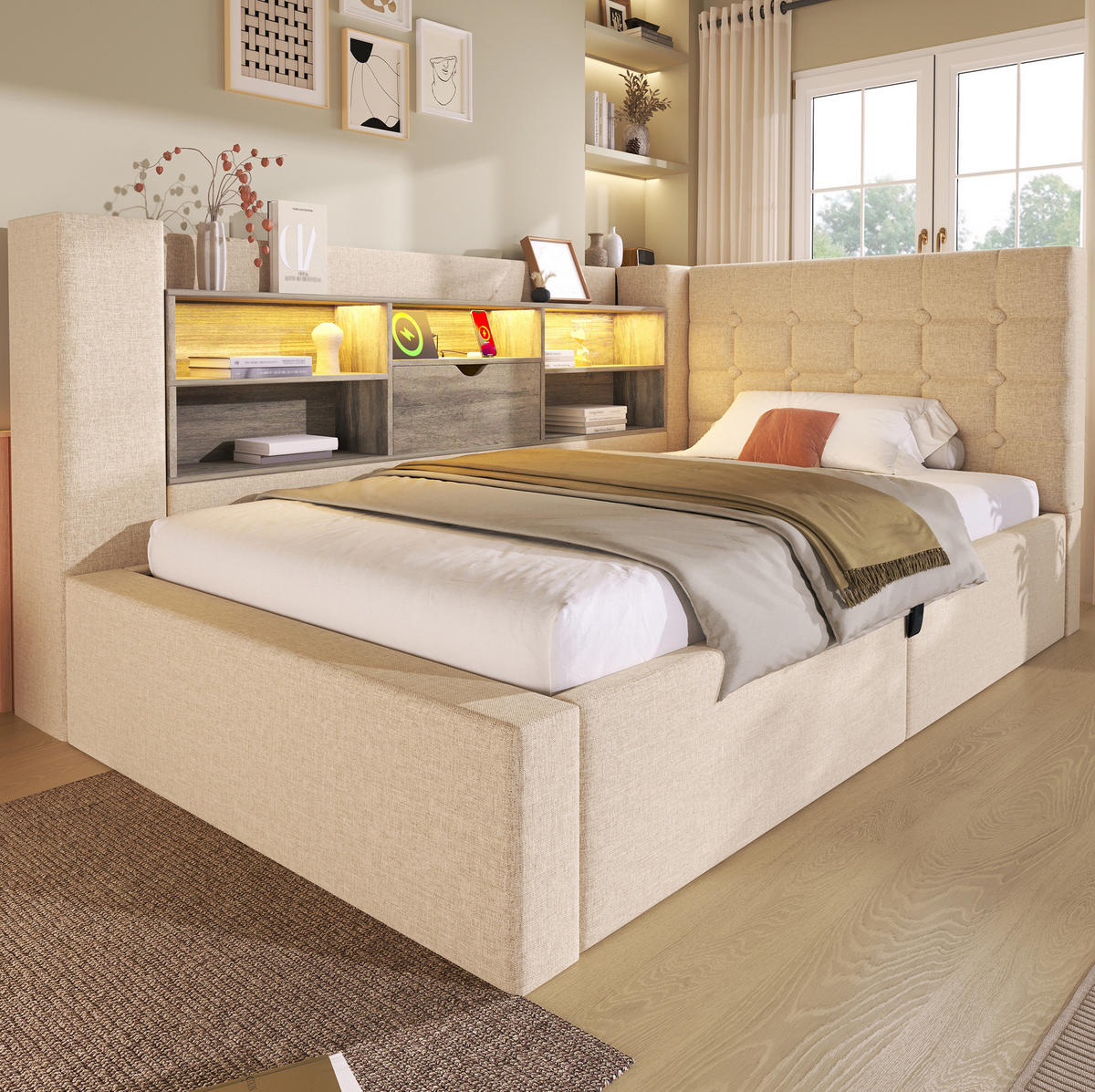 BETT mit Stauraum und LED 90x200 cm Leinen Beige - Beige, Metall (90/200cm) - Meubliv