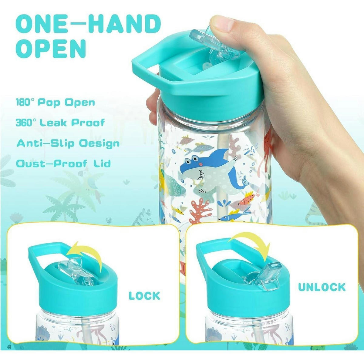 TRINKFLASCHE Kinder mit Strohhalm 450 ml Blau Hai - Multicolor, Kunststoff (7.5/7.5cm)