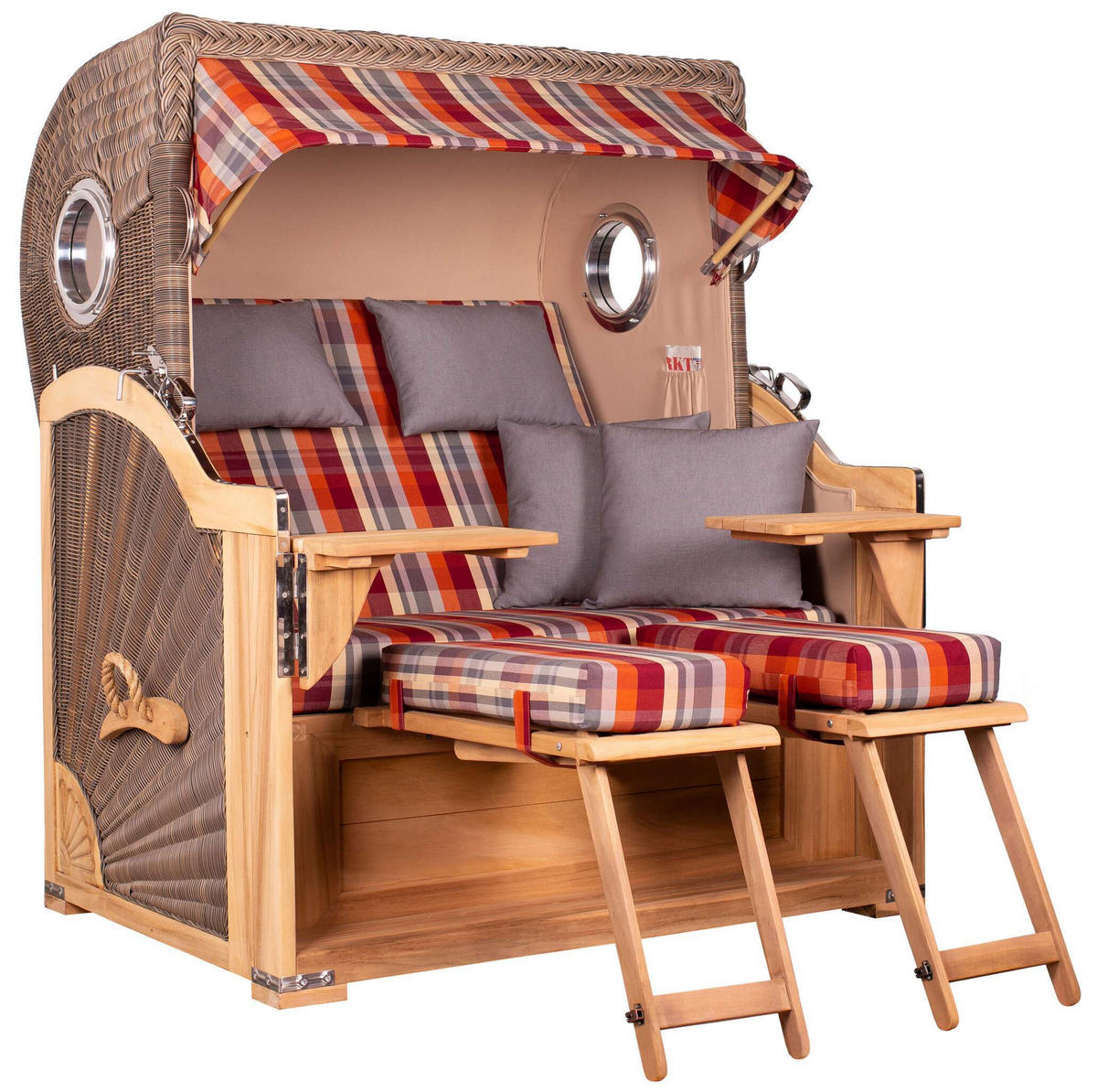 STRANDKORB Komplettset Baltikum Teak Bullauge PE Grey Dessin 584 - Rot/Braun, Naturmaterialien/Metall (142/170/95cm) - Mr. Deko