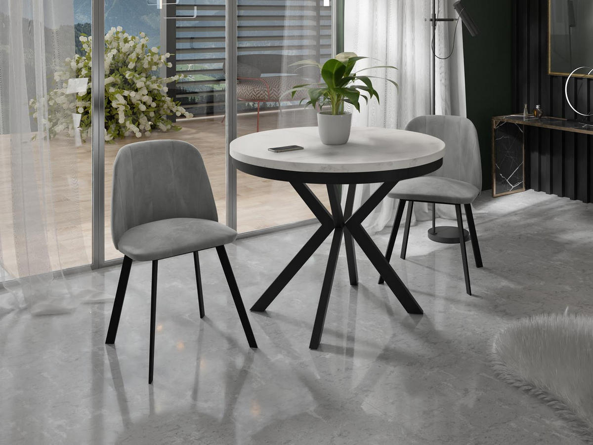 ESSTISCH Ross runder ausziehbarer, Marmor Weiß 90-170/90/76 cm - Ecru/Schwarz, Holzwerkstoff/Metall (90/90/76cm) - WFL GROUP