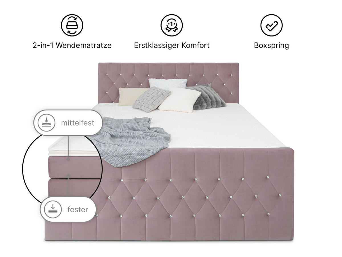 BOXSPRINGBETT Sira Rosa 160/200 cm H2/H3 Samt - Rosa, Textil (160/200cm) - wonello