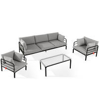 GARTENMÖBELSET RAMBE 4-tlg. 1x Tisch 2x Sessel 1x Sofa 3-Sitzer, mit Auflage, Stahlrahmen, LOFT-STIL, Anthrazit - Dunkelgrau/Anthrazit, Glas/Textil - KONSIMO®