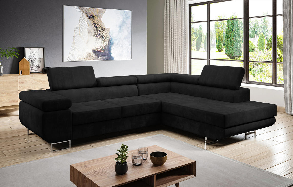 ECKSOFA L Form Kanya Schwarz 275/202/90 cm – Sofa mit Bettfunktion Stauraum R - Silberfarben/Schwarz, Textil/Metall (275/202cm) - AX Living