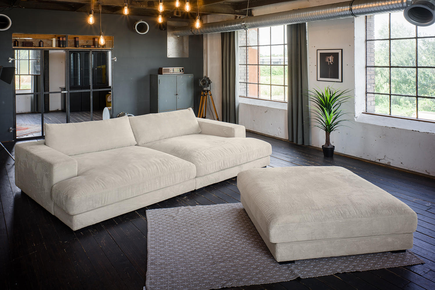 BIG SOFA-SET MIT TABLETT SCHWARZ MADELINE Cremeweiß Cord - Creme/Schwarz, Kunststoff/Textil (290/85/170cm) - KAWOLA