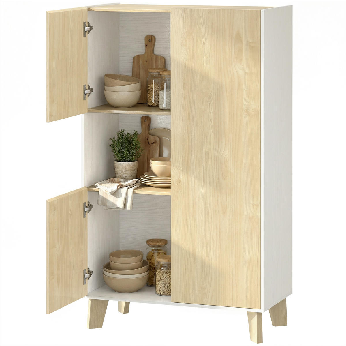 SIDEBOARD Weiß und Naturholz, 6 Fächer, Soft-Close, 80/40/135 cm - Weiß, Holz (80/135/40cm) - PANGIVO