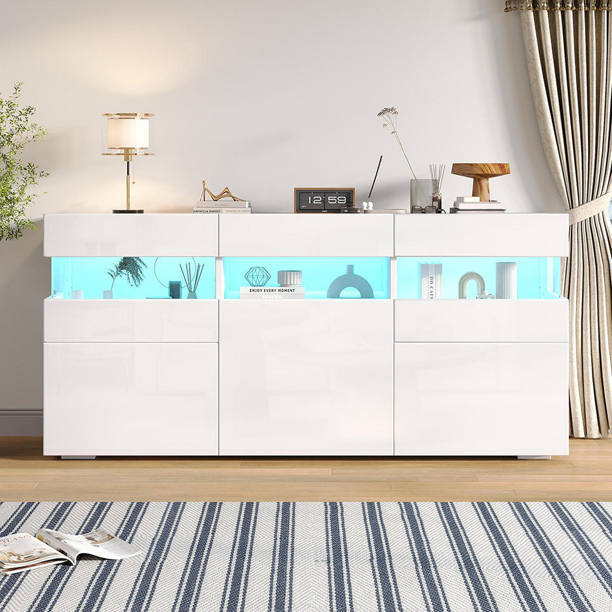 SIDEBOARD 140x40.5x66.5cm mit LED-Lichtleiste,Weiß - Weiß, Holzwerkstoff (40.5/66.5/140cm) - KOMHTOM