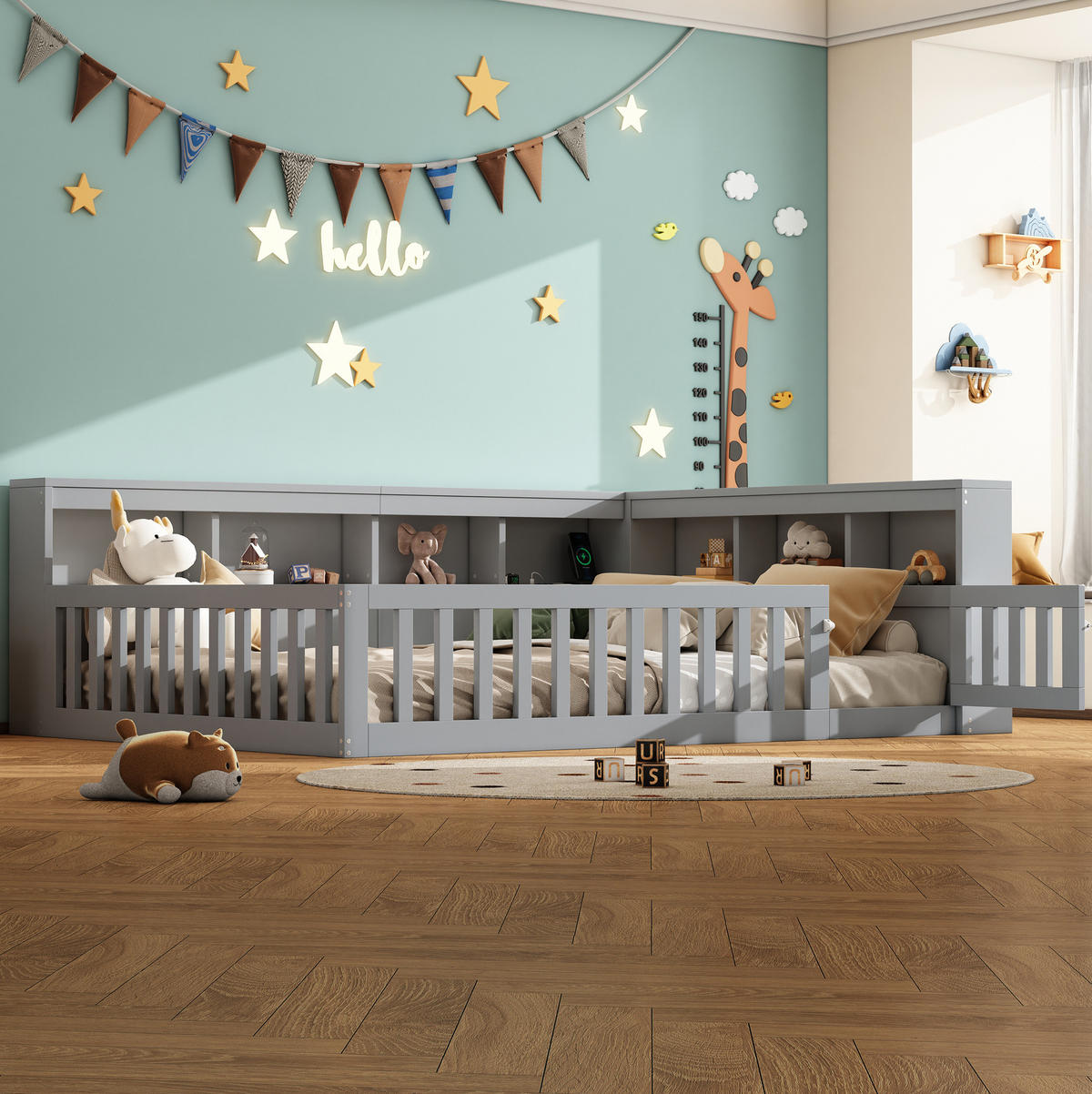 KINDERBETT aus Spanplatte und MDF 140x200 cm in Grau mit USB & Steckdose - Grau, Holzwerkstoff (140/200cm) - Modfu