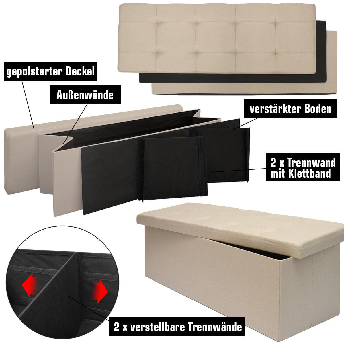 SITZBANK Faltbar, 110/38/38 cm, mit 2 Trennwänden, 120 Liter, Beige - Beige, Kunststoff (38/38/110cm) - Dunedesign