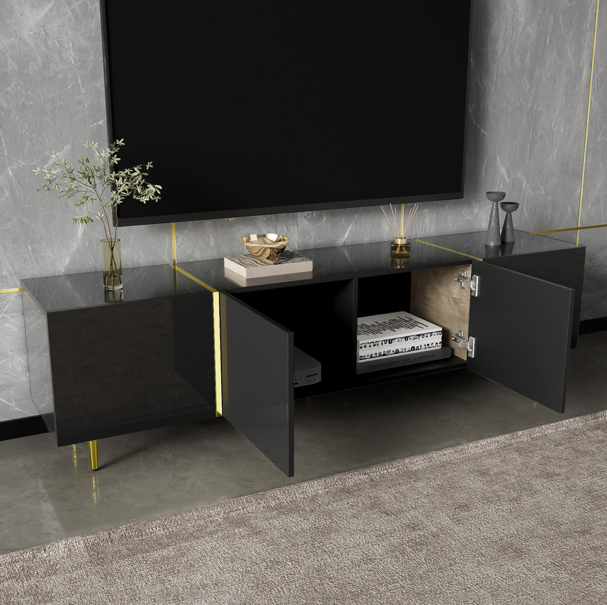 TV-ELEMENT mit 4 Türen 170 x 35 x 46 cm MDF Schwarz Hochglanz - Schwarz, Holzwerkstoff (35/46/170cm) - Beauniv