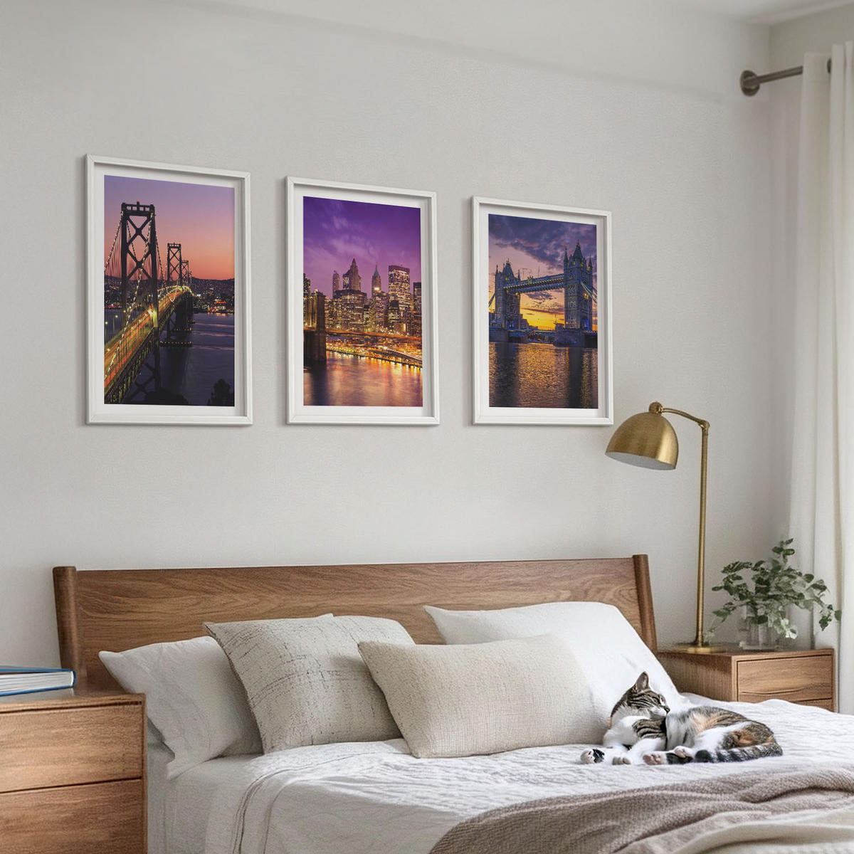 BILDER SET 3er Set - 40x60 cm Weißer Rahmen - Brücken, Sonne, Stadtblick - Weiß, Kunststoff (40/60cm) - TULUP
