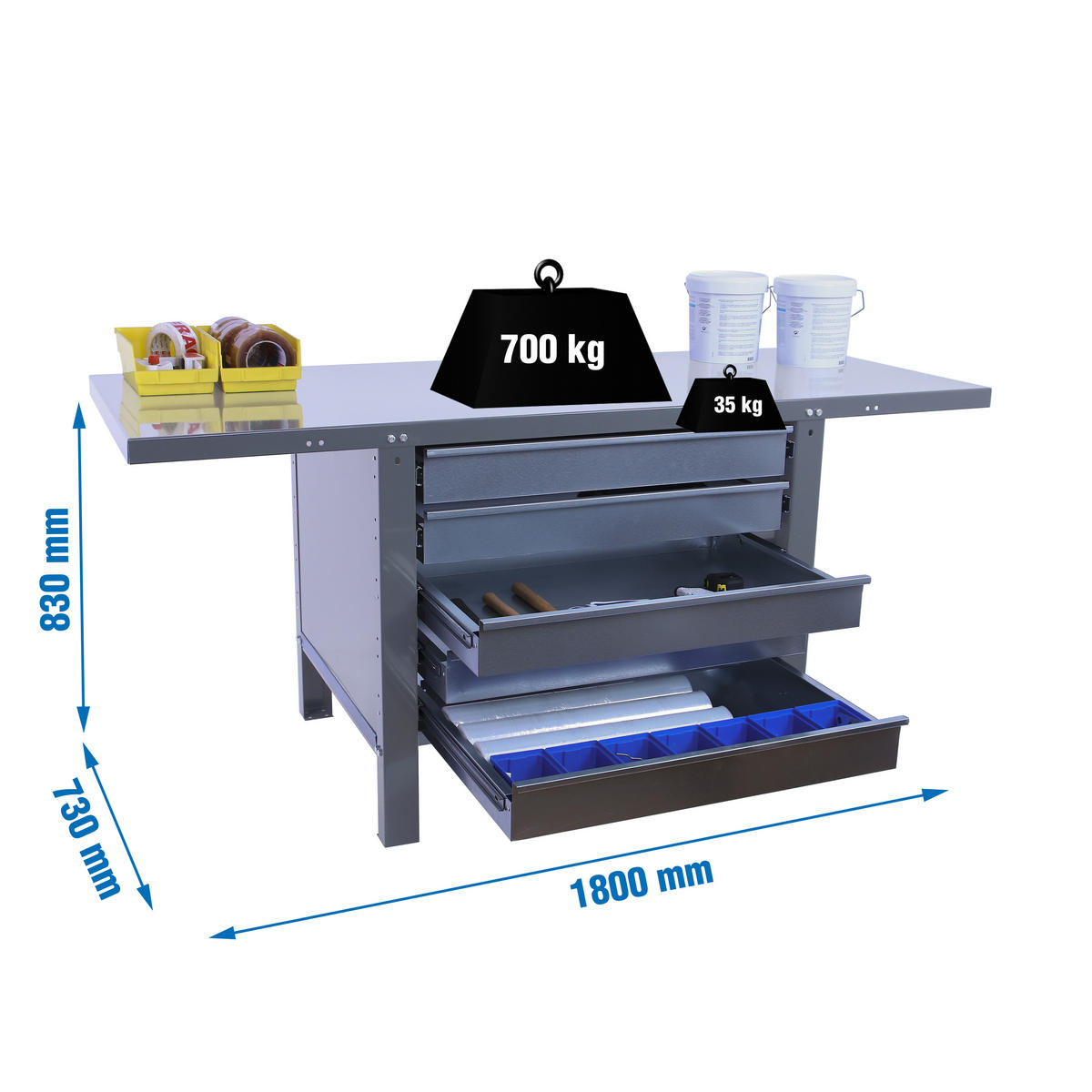 WERKBANK Buffalo Metal mit 5x Schublade HxBxT 83 x 180 x 73 cm Traglast 700 kg Grau - Grau, Metall (180/83/73cm) - PROREGAL
