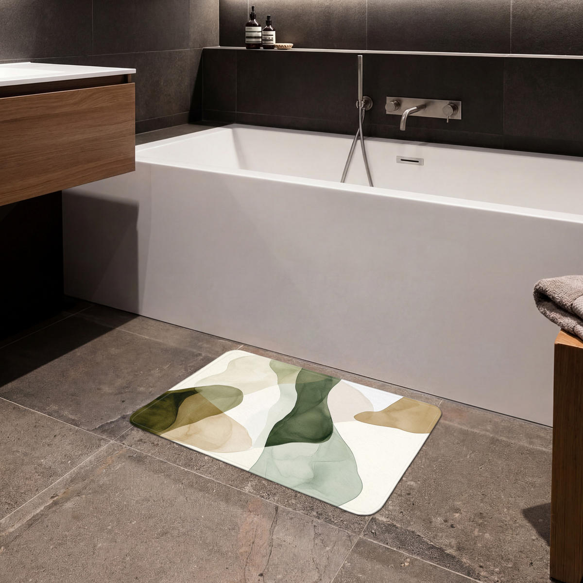 KÚPEĽŇOVÁ PREDLOŽKA Japandi - Abstraktné - Zelené 60x40 cm - zelená, textil/plast (60/40cm) - OnlyWow