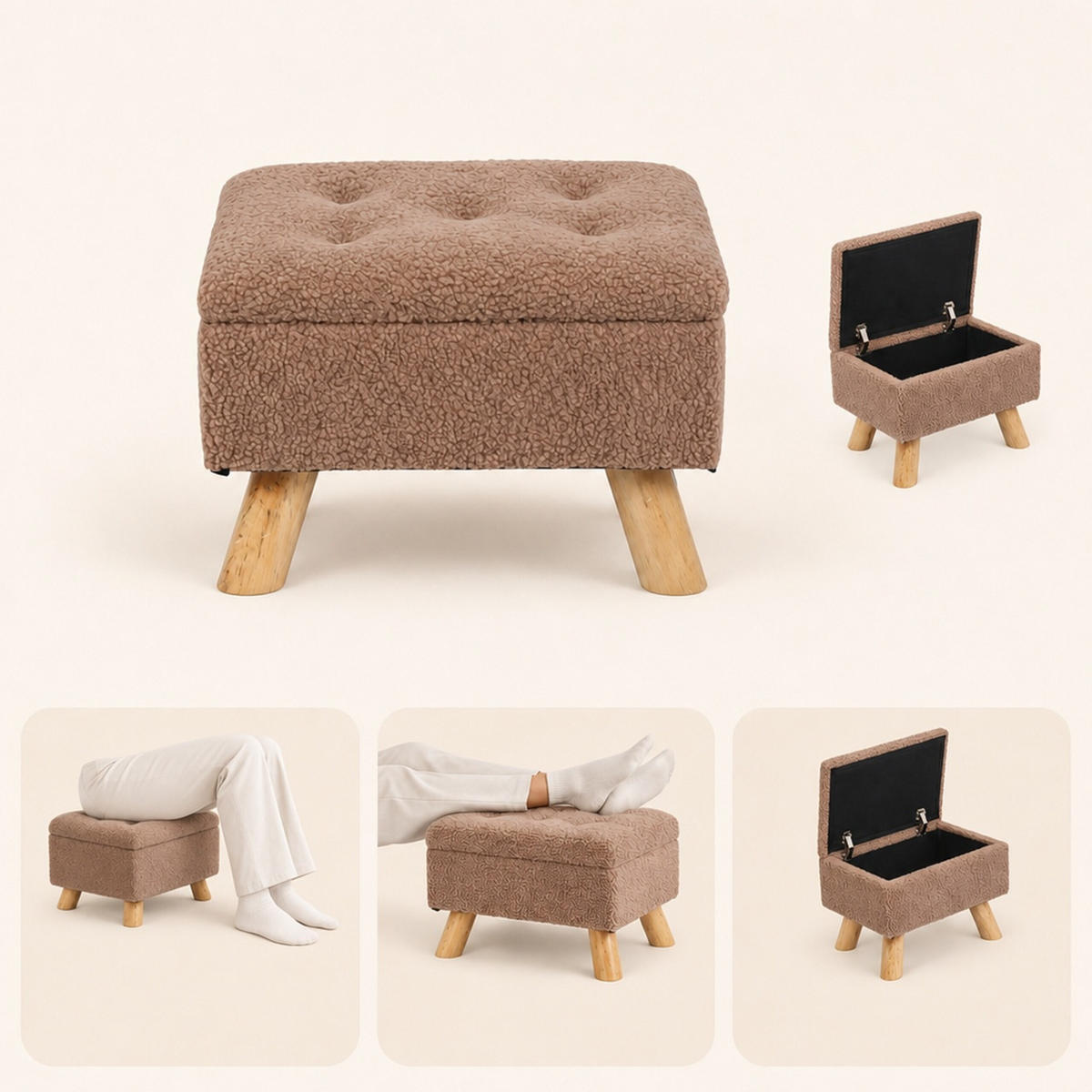 PUF Maro cu spațiu de depozitare - maro, material textil/compozit lemnos (38/28/28cm) - Relaxdays