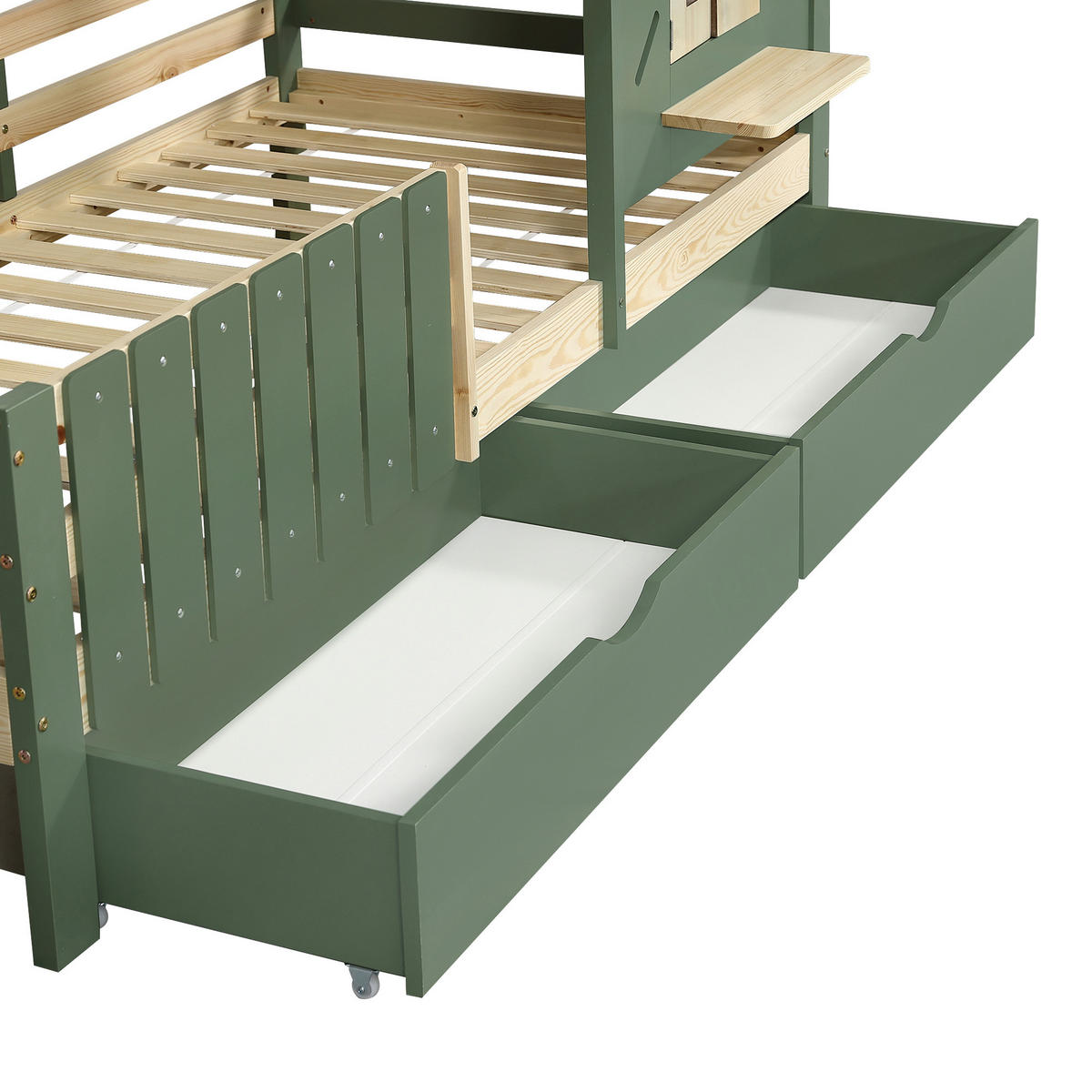 HAUSBETT 90/200 cm DE-02196, in Grün/Natur, mit Dach, Fenster und 2 Schubladen - Grün, Holzwerkstoff (90/200cm) - ComfortXL