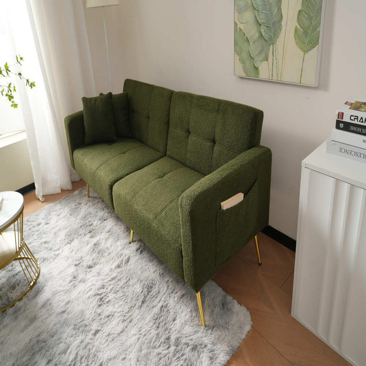 SOFA Schlaffunktion Verstellbar Goldene Beine Aufbewahrungstaschen Kissen - Grün, Holz (90.93/18.42/80.26cm) - FLIEKS