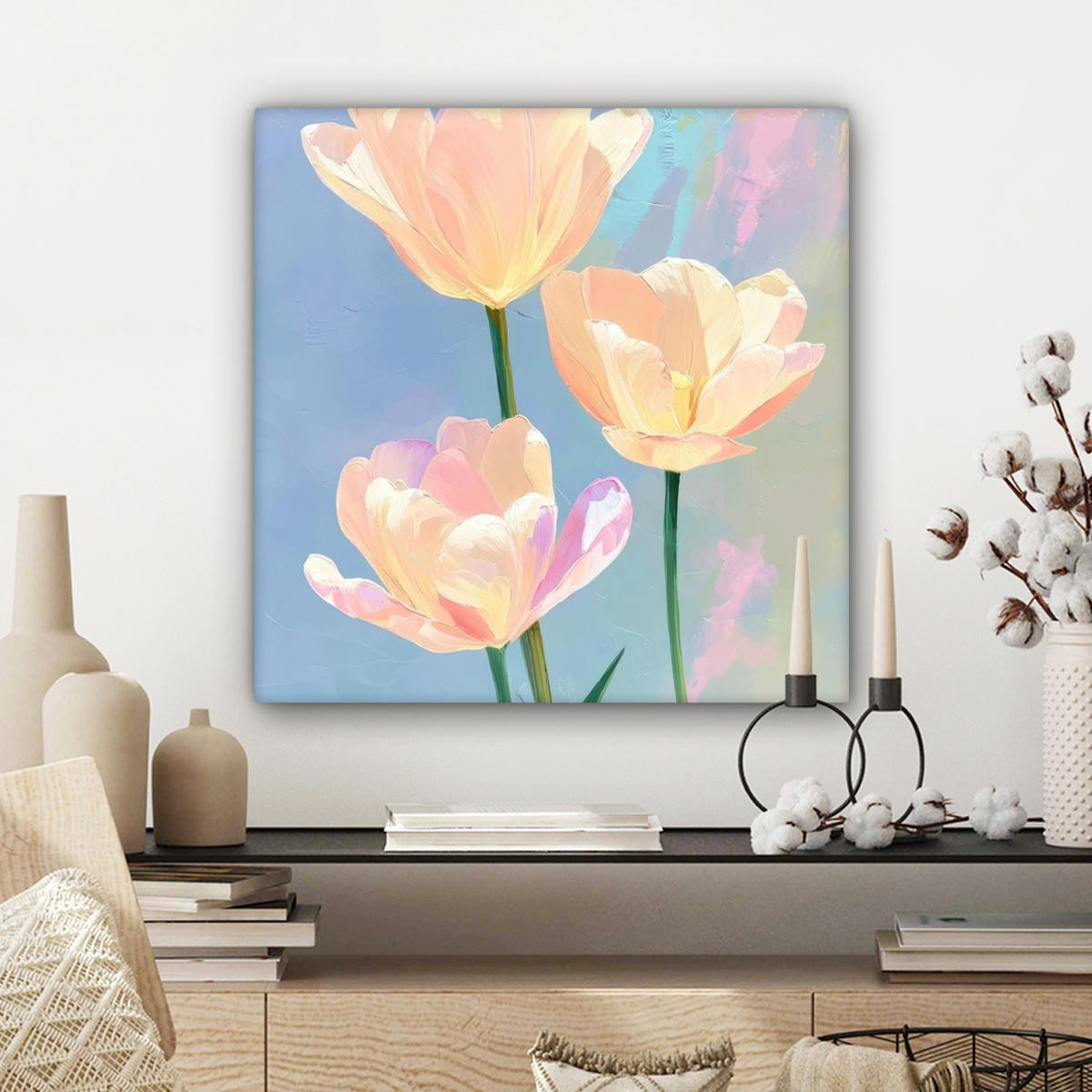 LEINWANDBILD Tulpen - Rosa Akzente - Blau Wandbild Wohnzimmer 50x50 cm - Pastellblau, Textil (50/50cm) - MuchoWow