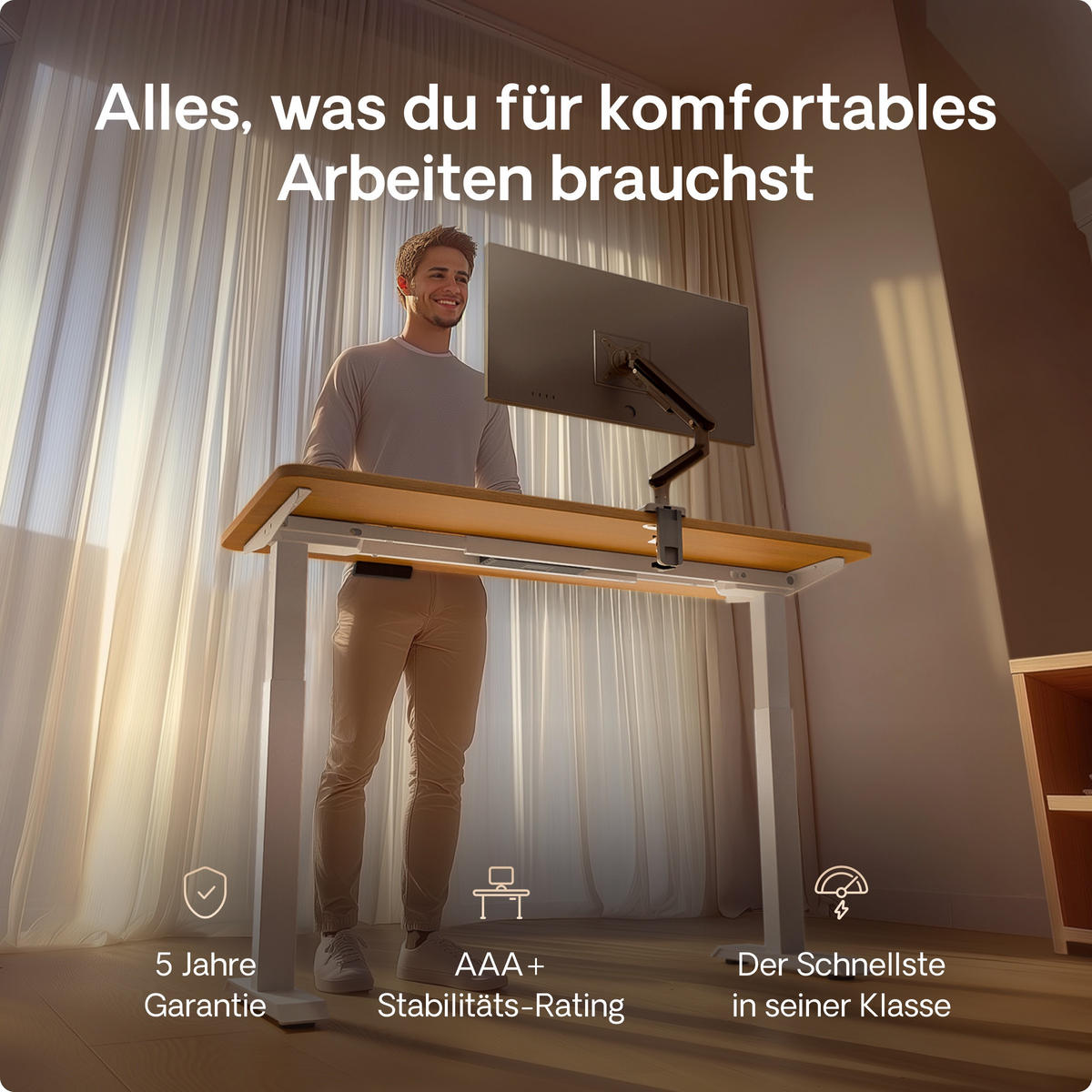 SCHREIBTISCH Elektrisch Höhenverstellbarer HomeOne 160x80cm Weiß/Eiche mit Memory-Funktion, Anti-Kollisions Technologie - Eichefarben/Weiß, Holzwerkstoff (80/160/72cm) - Desktronic