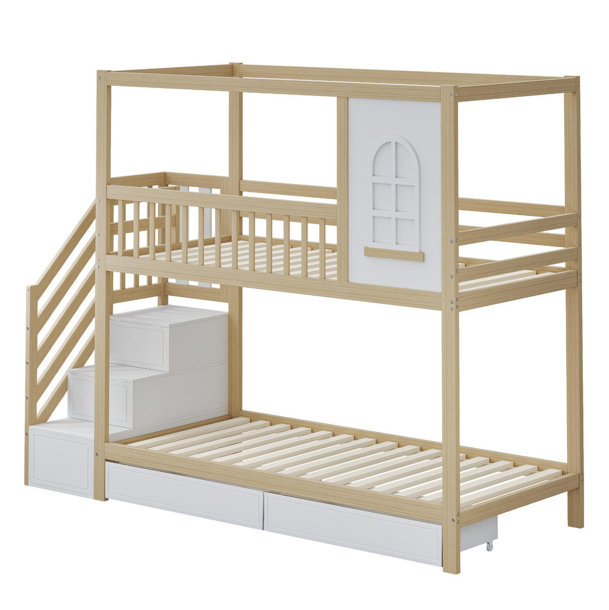 ETAGENBETT 90/200 cm Massivholz mit Leitereinheit und Stauraum - Naturfarben, Holz (90/200cm) - OKWISH