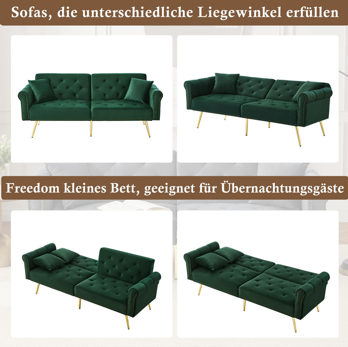 ROZKLÁDACÍ pohovka 147/85 cm s 3polohovým nastavením opěradla, sametovým potahem a zlatými kovovými nohami, Zelená - zelená barva, textil (70/173/75cm) - Redom