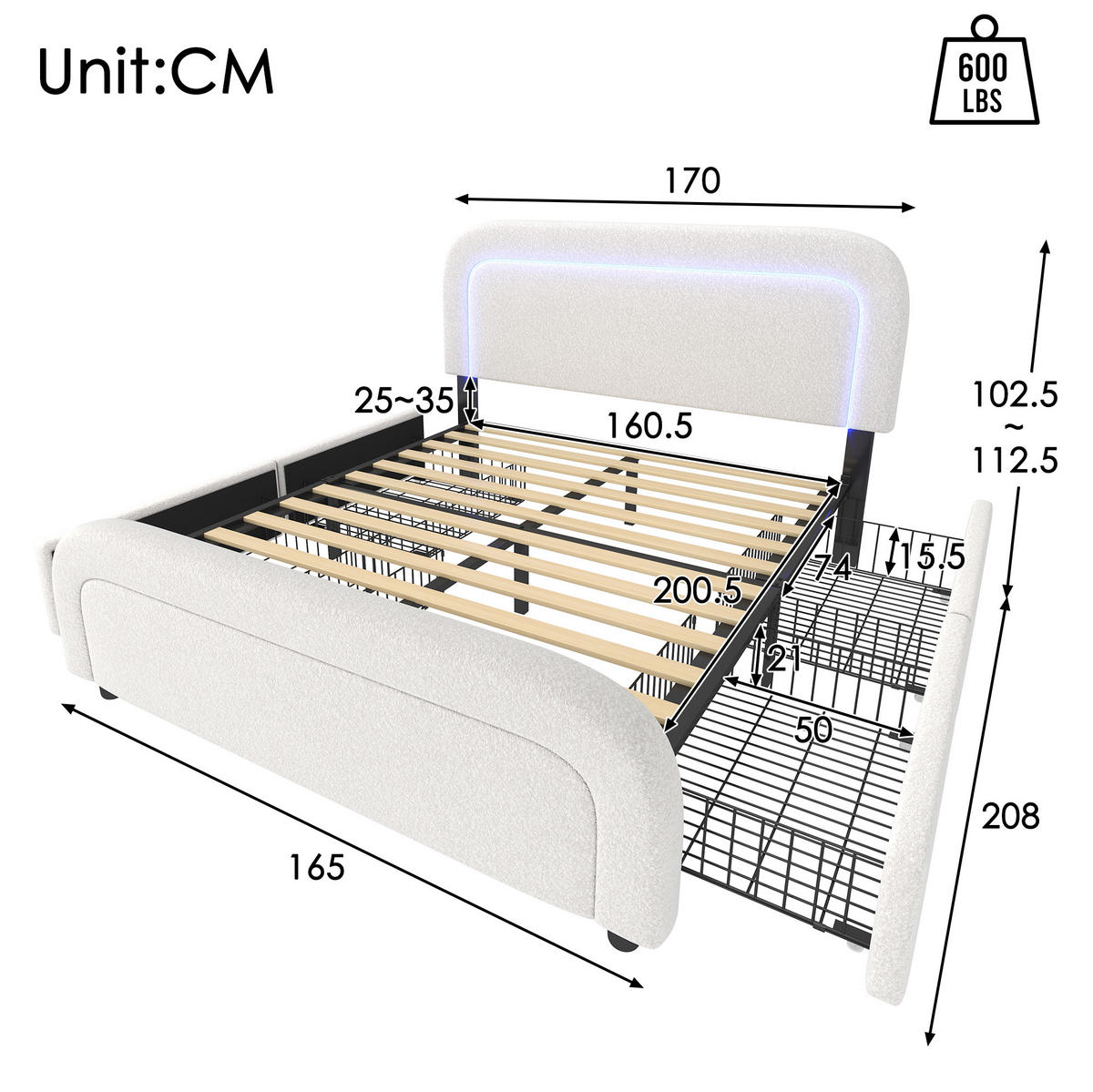 POLSTERBETT mit Sherpa-Bezug 160x200 cm Weiß mit LED, USB-C und 4 Schubladen - Weiß, Textil (160/200cm) - IVMEU