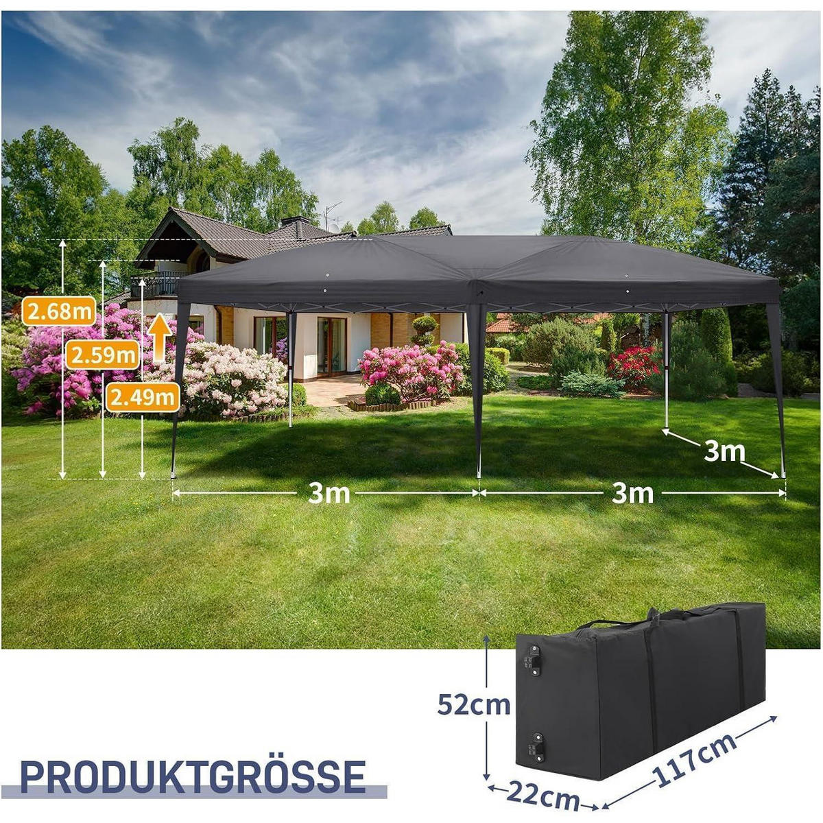 FALTPAVILLON 3 x 6 m Dunkelgrau mit 6 Seitenteilen - Anthrazit, Textil (300/268/600cm)