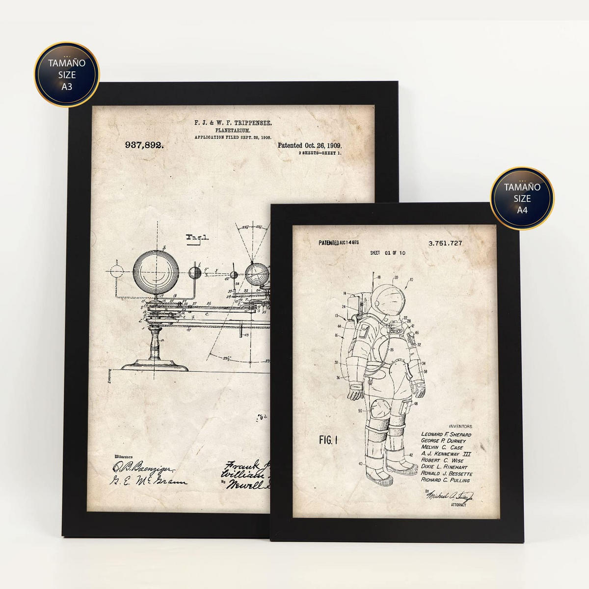 POSTER Set Mit 6 Plakaten Mit Astronaut Patenten Im Vintage Stil A3 & A4 Rahmenlos - Klar, Papier (29/3cm) - Nacnic