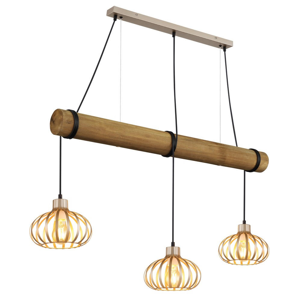 HÄNGELEUCHTE CALDWELL, Metall, Beige, 3-flammig - Beige, Holz (100/20/150cm) - Globo Lighting