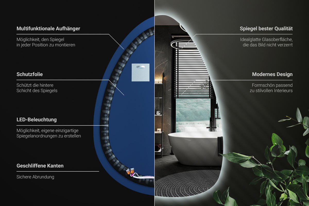 LED SPIEGEL 50x70 cm Design 6000K - Blau, Glas (50/70/0.4cm) - ArtPrintCave