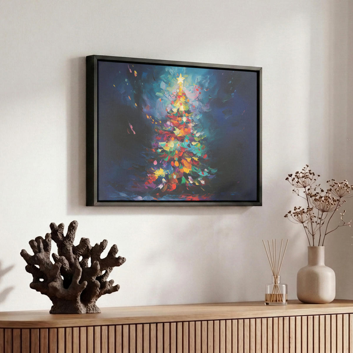 LEINWAND Bilder mit Rahmen - Weihnachtsbaum - Weihnachten - Abstrakt - Farbenfroh - 30x20 - Multicolor, Textil (30/20cm) - MuchoWow