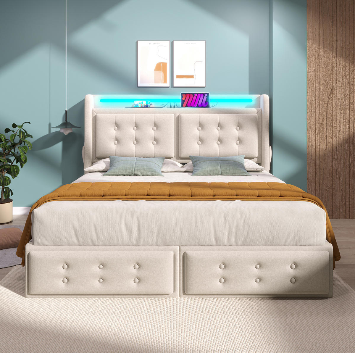 POLSTERBETT 160/200 cm Beige mit Led-Kopfteil und USB-C Ladefunktion Mit Matratze - Beige, Textil (160/200cm) - OKWISH