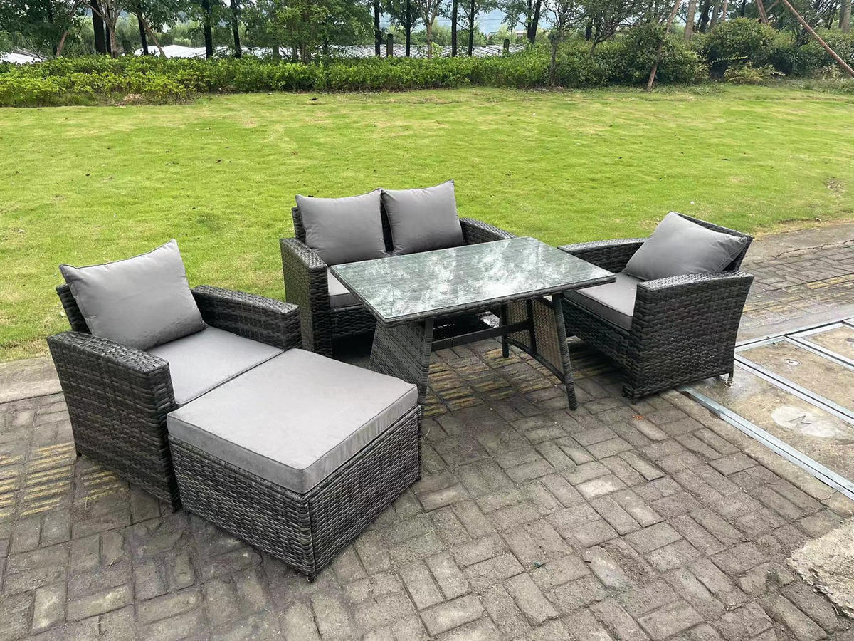 GARTENTISCHGRUPPE Polyrattan 5-Sitzer - Dunkelgrau/Grau, Glas/Kunststoff - Fimous