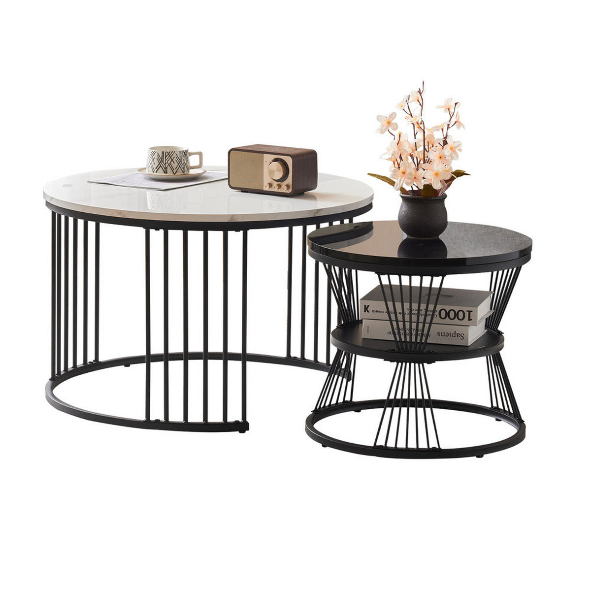 COUCHTISCH Nesting Set 2-tlg Hochglanz Marmoroptik Schwarz Rahmen Rund - Schwarz, Holz (79/76/17cm) - FLIEKS