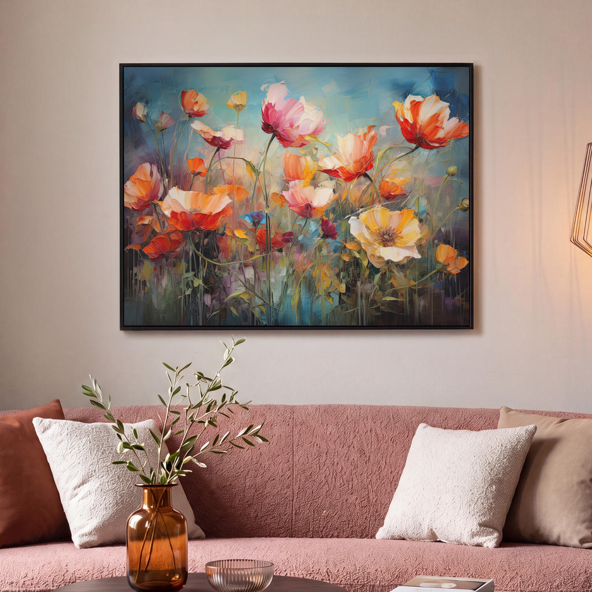LEINWAND Bilder mit Rahmen - Blumen - Aquarell - Kunst - Botanisch - Natur - 100x70 - Orange, Textil (100/70cm) - MuchoWow