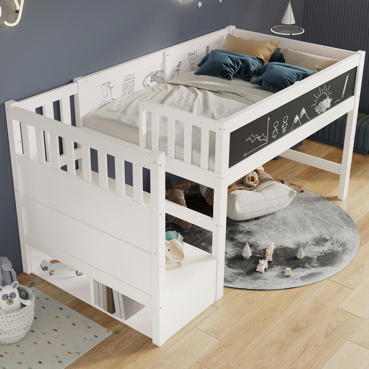 HOCHBETT 90/200 cm Weiß mit Whiteboard und Rausfallschutz - Weiß, Holzwerkstoff (90/200cm) - OKWISH