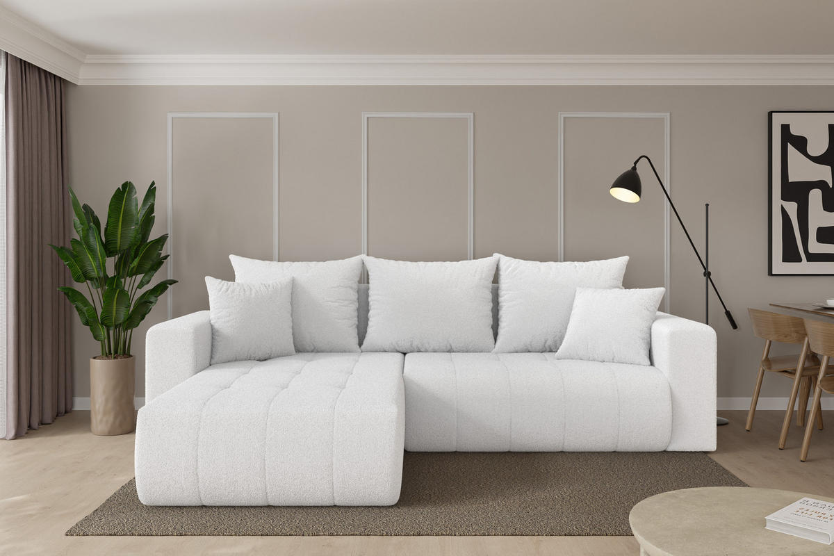 ROHOVÁ SEDAČKA s funkcí spaní, otoman vlevo MILA-L 277x194x86 bílá bouclé - bílá/černá, kompozitní dřevo/textil (277/194cm) - ALTDECOR