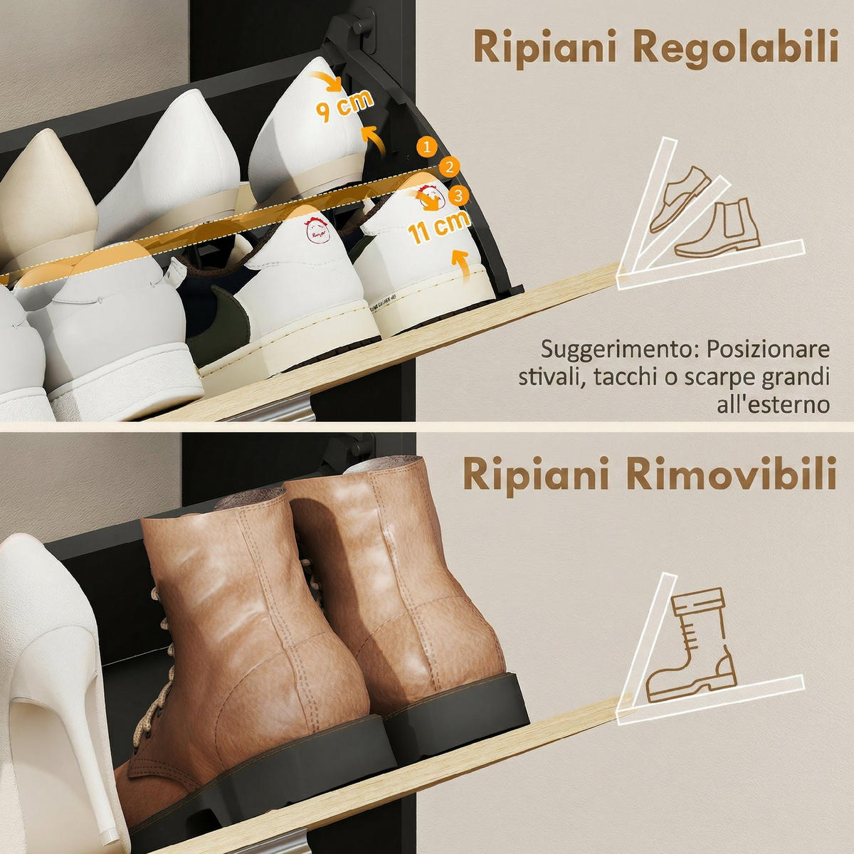 SCHUHSCHRANK,2 Klappschubladen Regalböden,schwarz-naturholz - Schwarz, Holzwerkstoff (80/90/26cm) - Vallsero