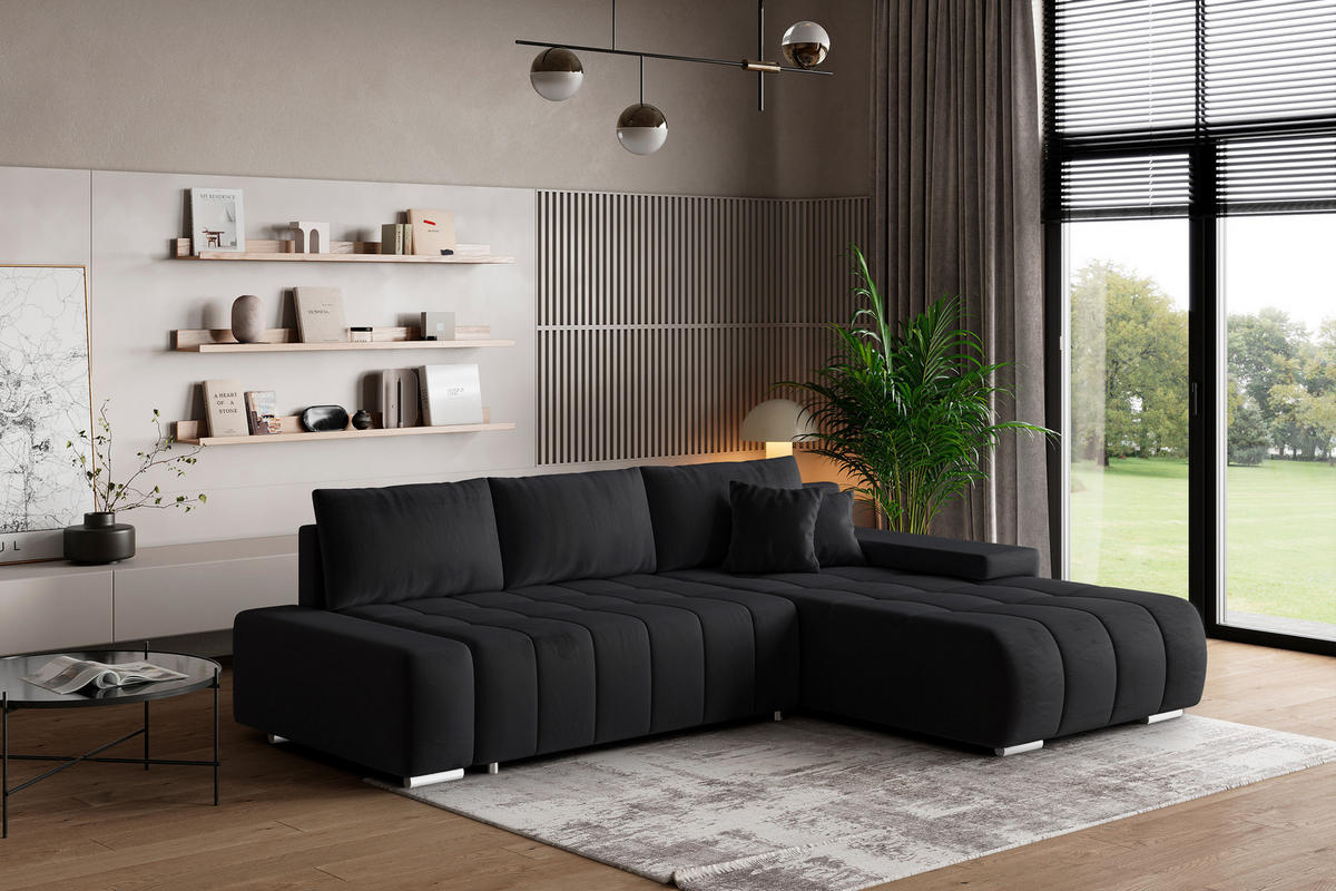 ECKSOFA ALESE R-S Schwarz Velours-Stoff mit Schlaffunktion - Schwarz, Holz (265/185cm) - MASSENO