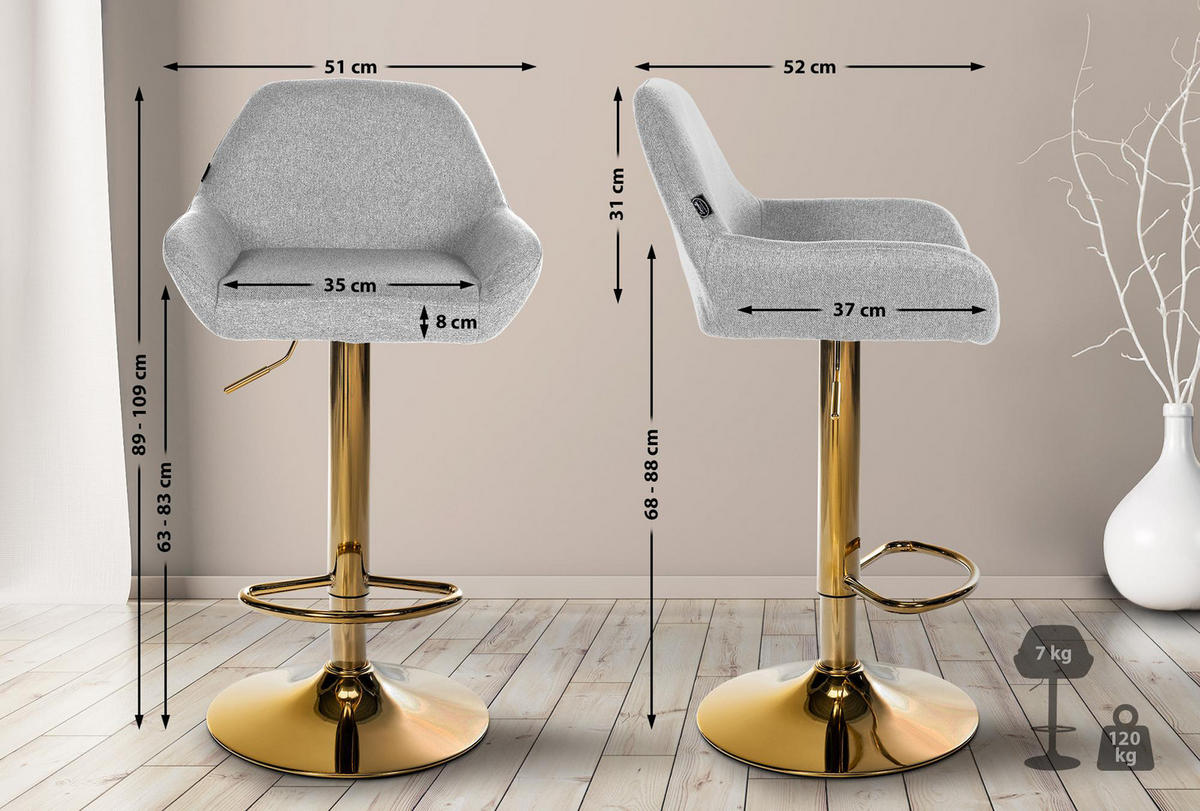 BARHOCKER 2er Set Prag Gold Stoff grau - Goldfarben/Grau, Textil/Metall (51/109/52cm) - TPFLiving