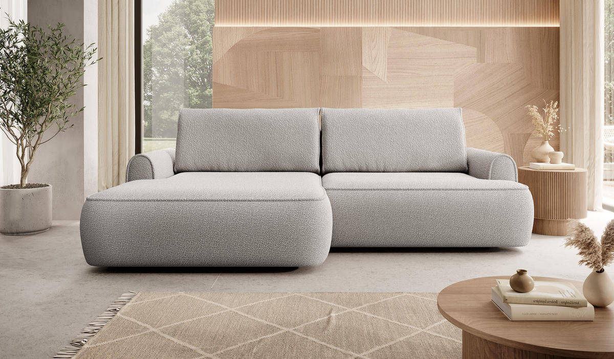 ECKSOFA 250 cm Mareno mit Bettkasten, Schlaffunktion, Links, Hellgrau - Hellgrau, Holz (250/146cm) - Emporius