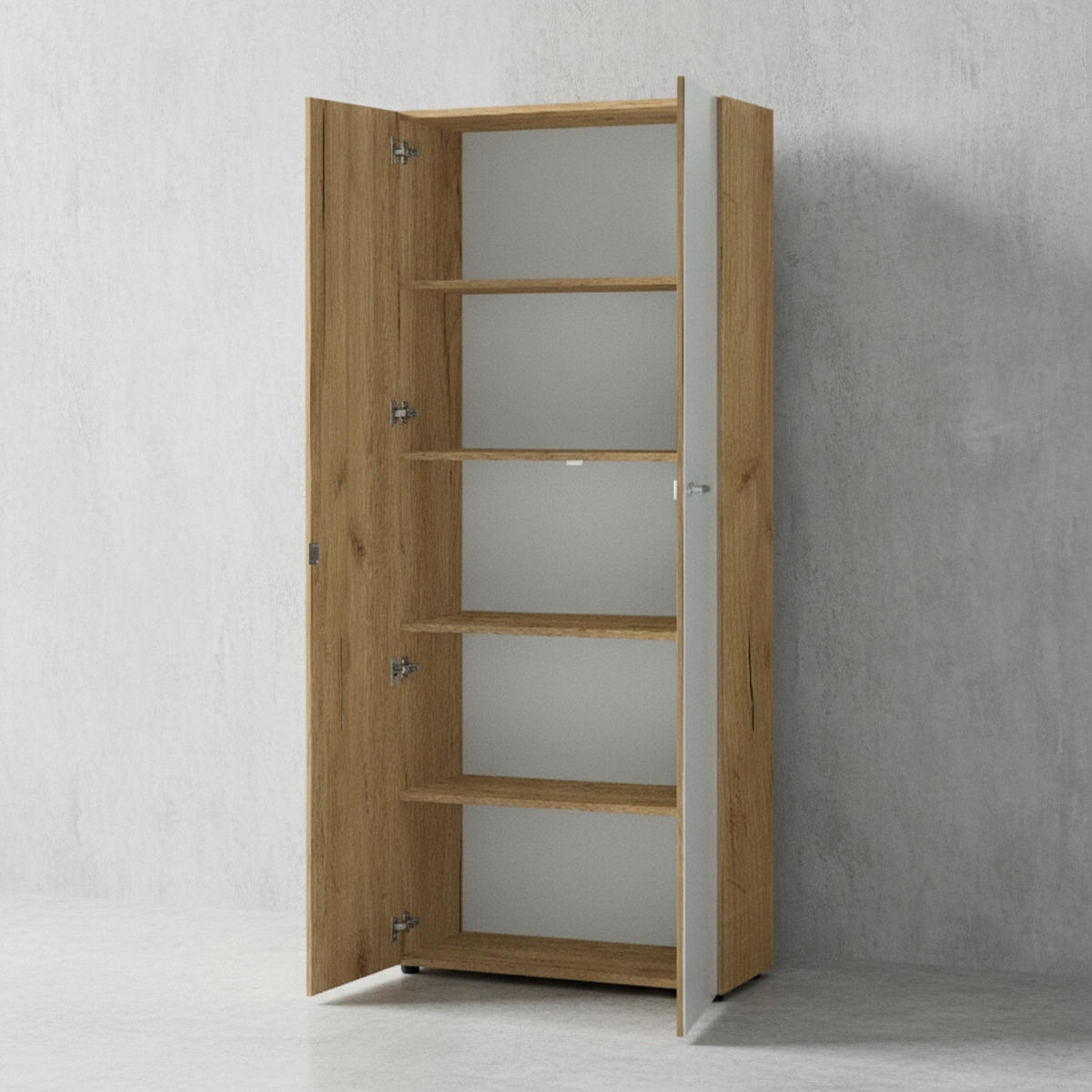 BÜRO-SET MUENCHEN 2-teilig | Schrank & Regal 5 OH | Glas Front & Abschließbar | Chalet-Eiche-Nb./Weiß - Weiß, Holzwerkstoff/Metall (145/196/37cm) - KADIMA DESIGN